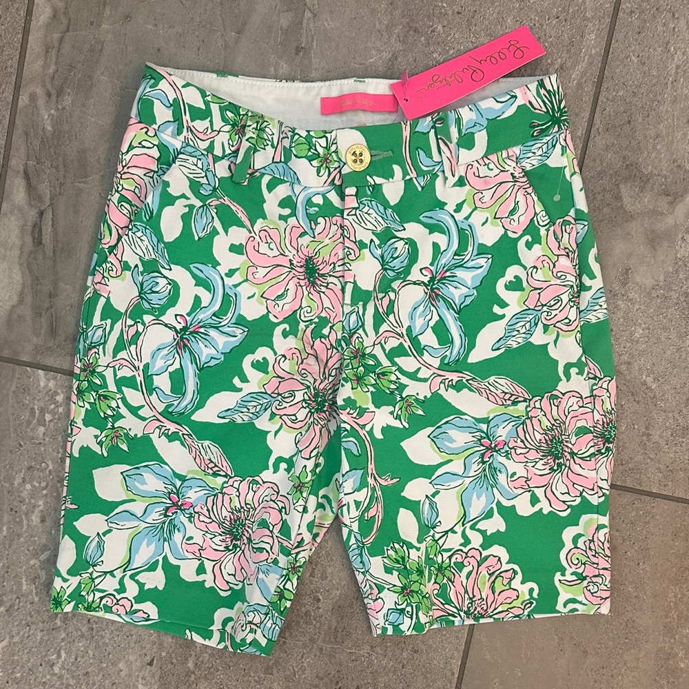Lilly Pulitzer Green Floral Print Bermuda Shorts with Pink & Light Blue Accents